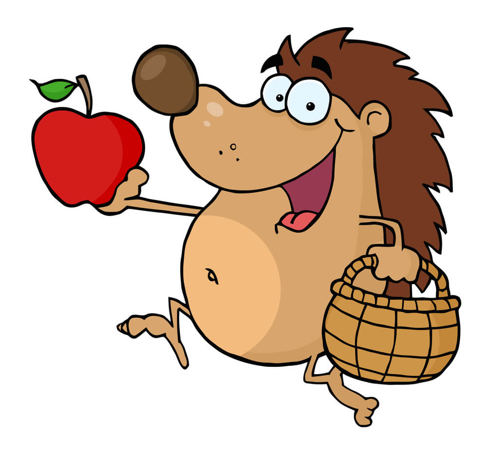 Happy Hedgehog Runs With Apple Illustration