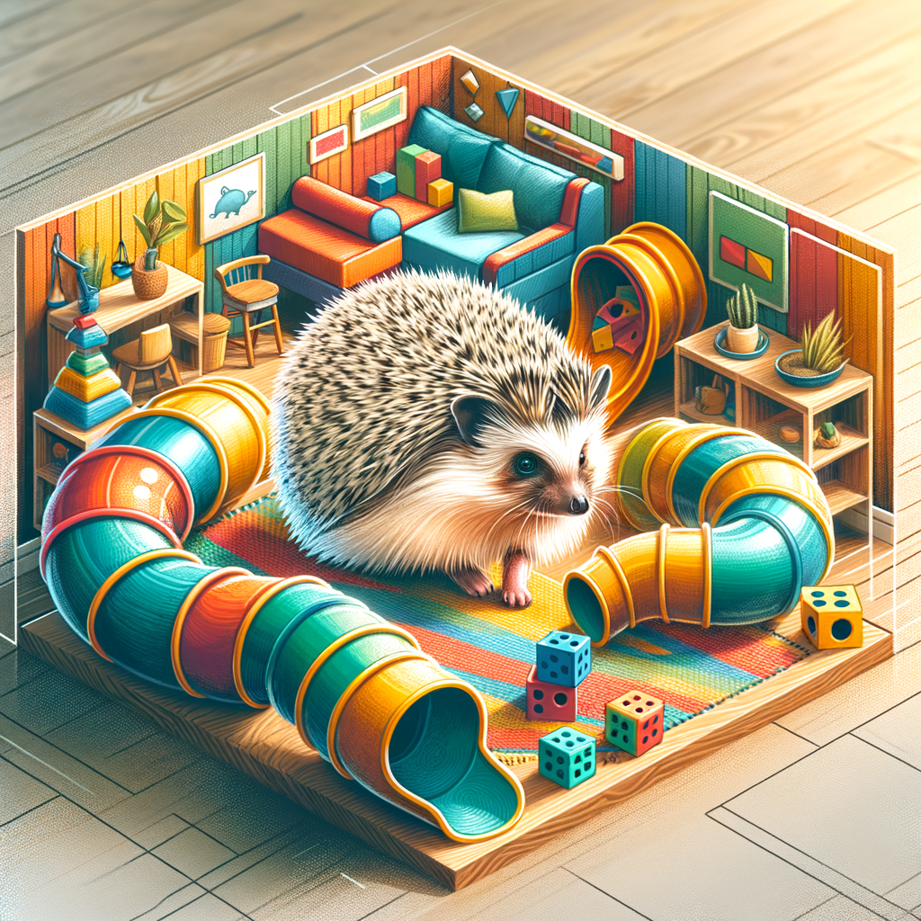 Pet hedgehog engaging in safe indoor activities and games, highlighting the concept of keeping hedgehogs entertained and ensuring hedgehog safety at home.